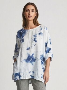 Relaxed White Linen Tunic with Blue Floral Print And Embroidered Back Size XL